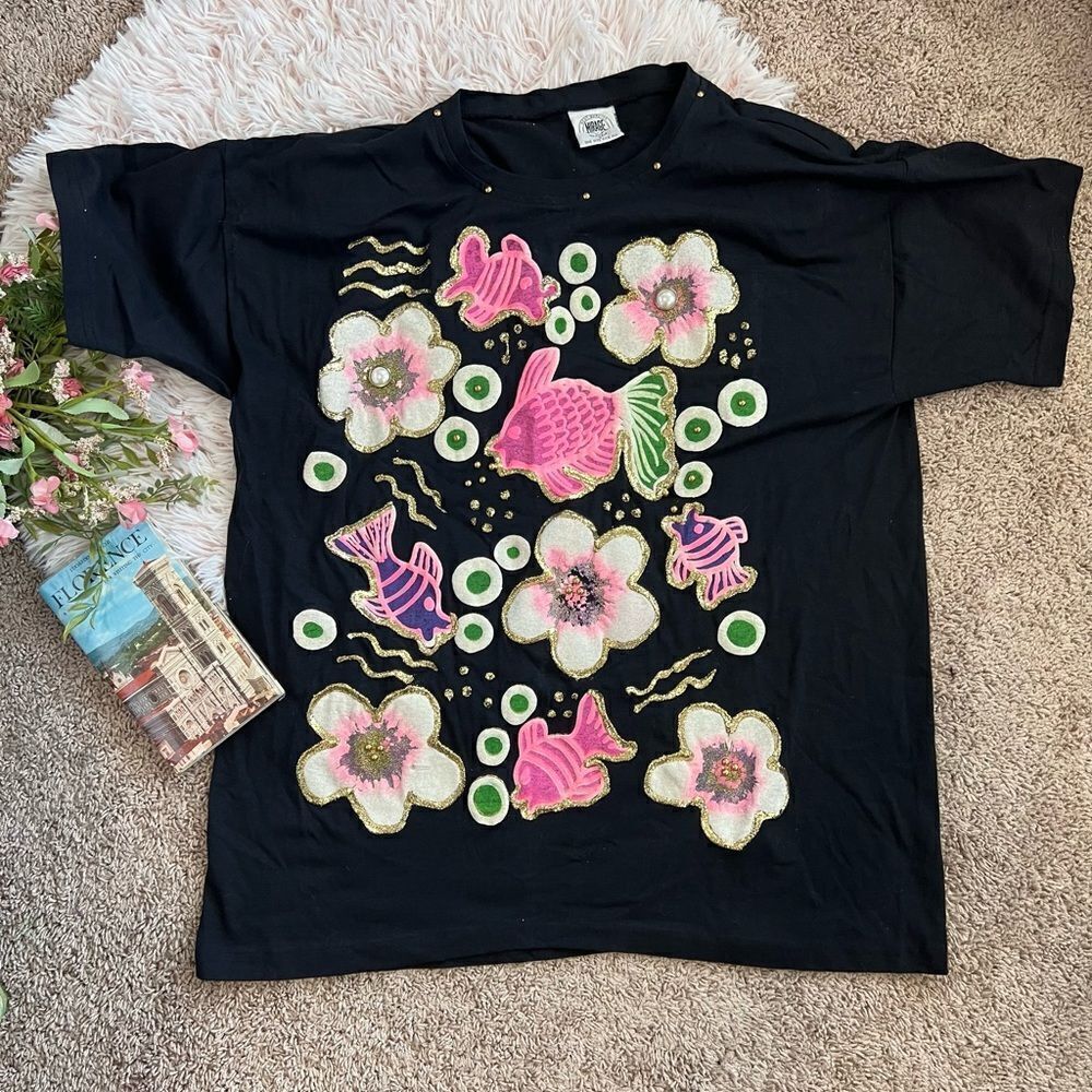 Mirage ArtWear 90s Vintage Puff Paint Embellished Fish Flower Tropical Tee OS